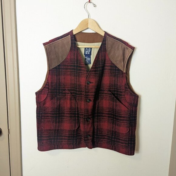 Vintage GAP Wool Suede Leather Plaid Tartan Vest Preppy Western Unisex - Picture 6 of 7